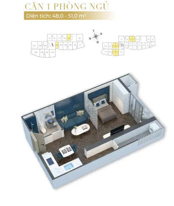 Layout căn hộ 1 phòng ngủ.