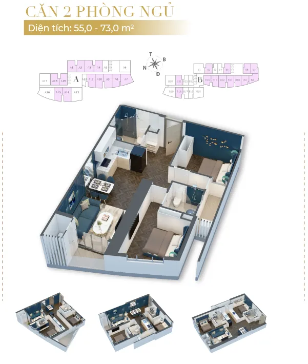 Layout căn hộ 2 phòng ngủ.